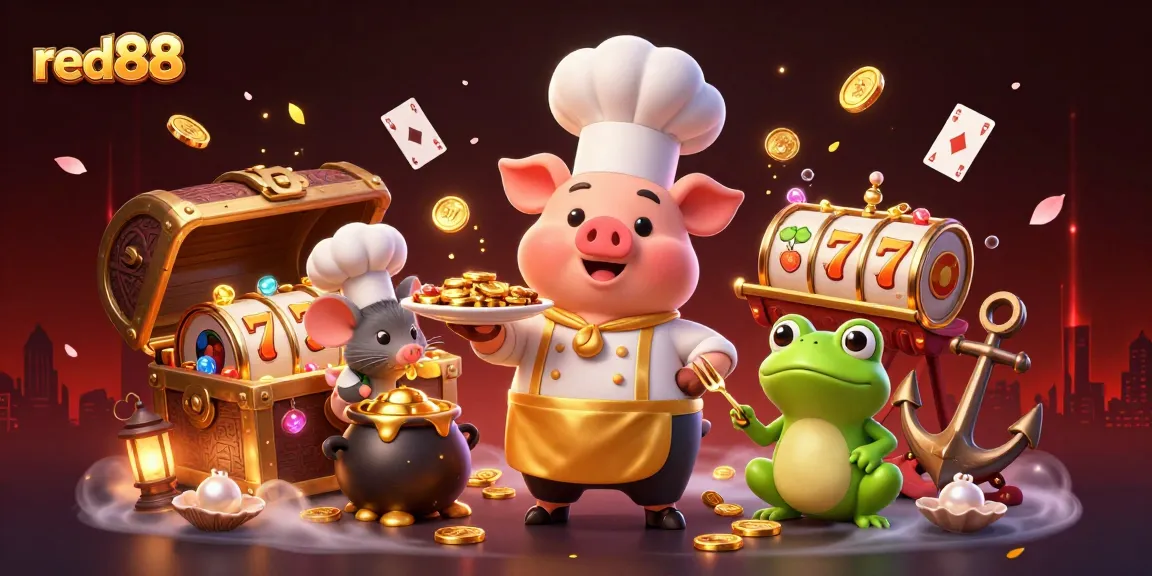 Experience red88 gaming excitement with vibrant casino elements and charming characters.
