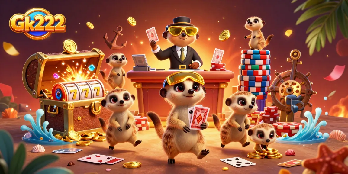 Engage in exciting gameplay with Gk222's vibrant casino atmosphere featuring meerkats managing a fun gaming scene.