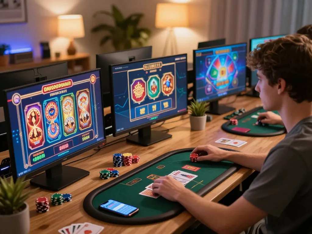Player engages in dynamic online gaming at home showcasing xx88 casino interface and strategy notes.