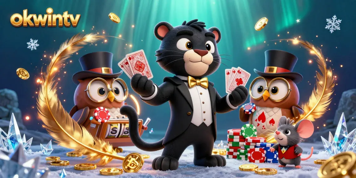 Experience exciting gameplay with okwintv - Join the stylish panther managing cards in a vibrant casino.
