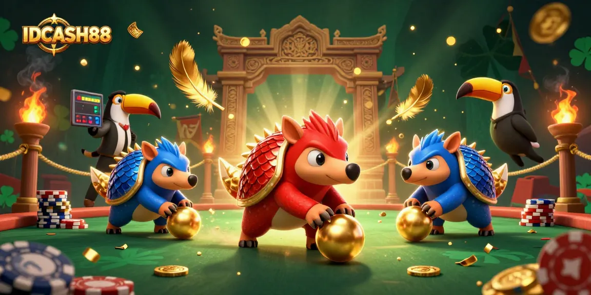 IDCASH88 showcases rival pangolins in a colorful casino showdown, rolling into poker chips.