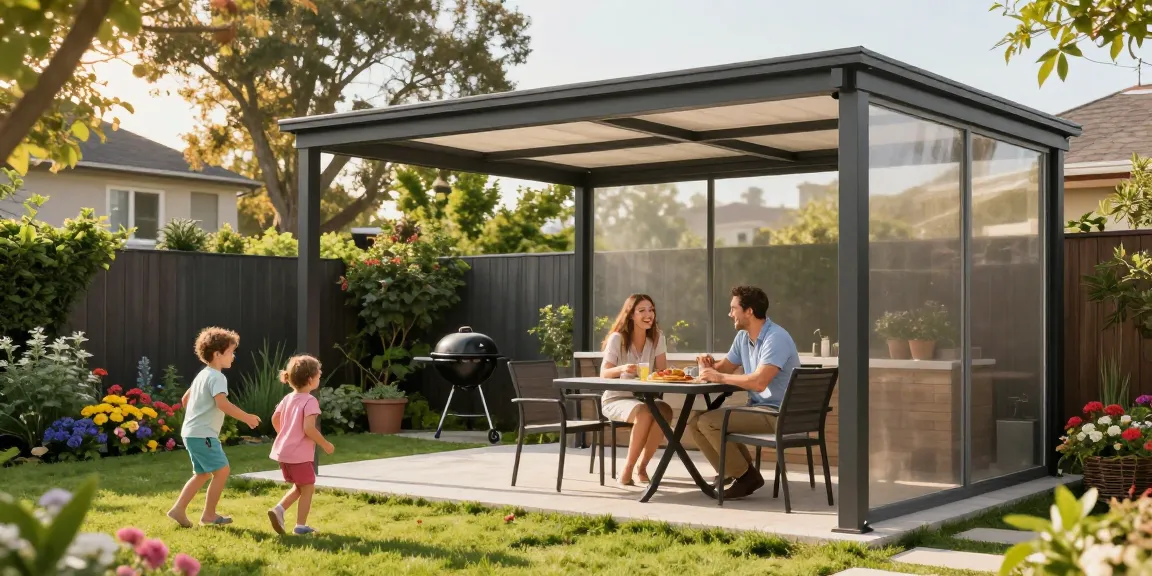 Terrassenüberdachung freistehend im Garten mit Familie, sonniger Tag.