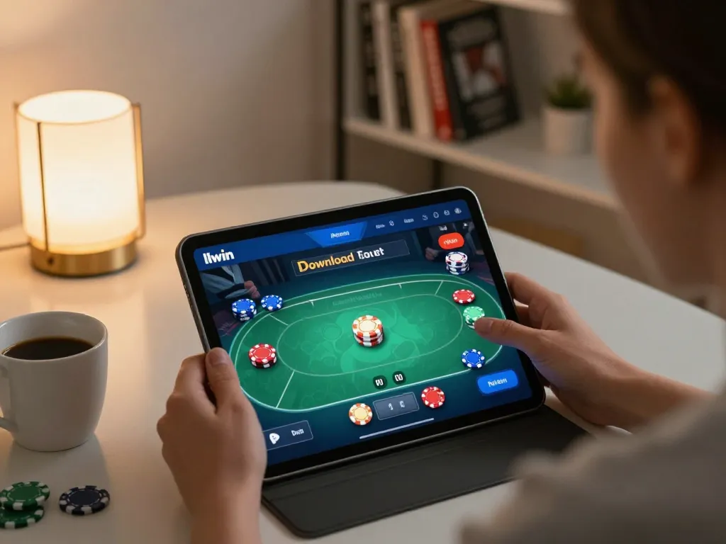 Playing poker on llwin Download app in a cozy living room with strategic notes visible.