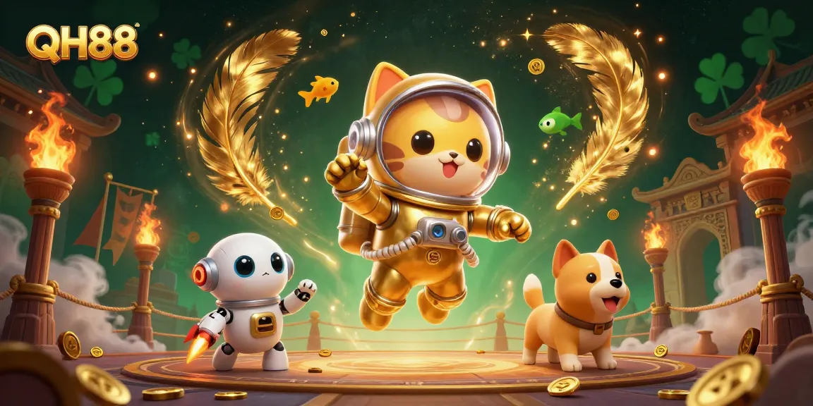 Engage with QH88's gaming universe featuring a cat astronaut, robot dog, and alien fish amidst dynamic gambling elements.