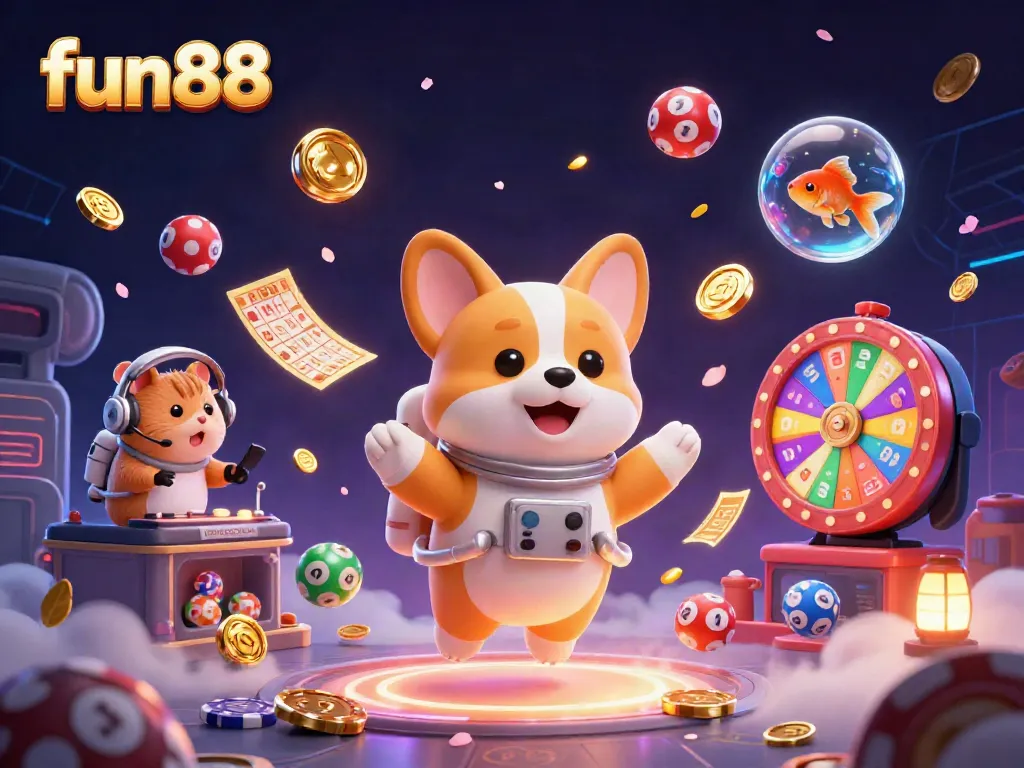 Enjoy thrilling fun88 casino gaming in a vibrant 3D scene with lottery balls and colorful elements.