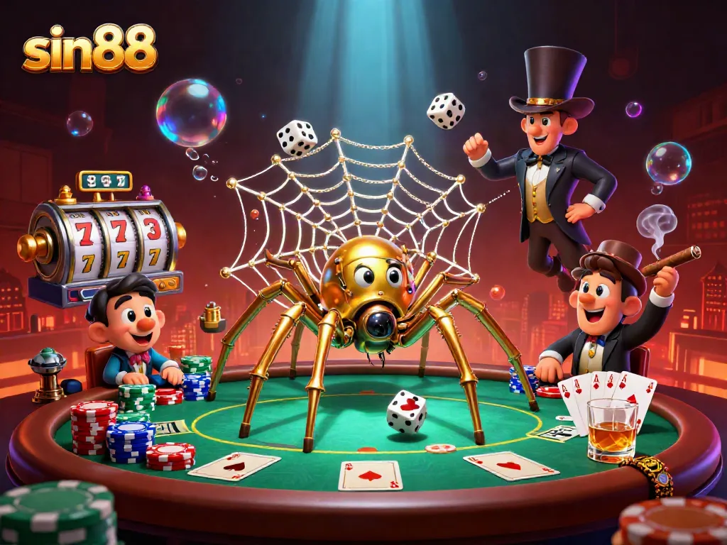 Experience excitement with sin88 as a steampunk spider catches dice in a dazzling casino scene.
