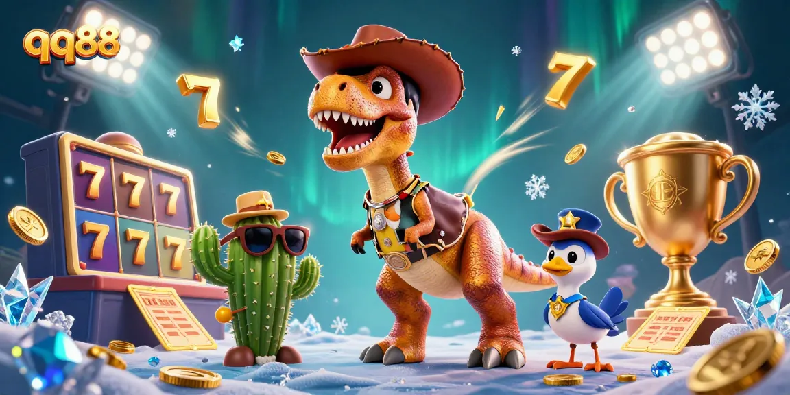 Engage with thrilling slots at qq88 featuring a cartoon T-Rex and colorful gaming elements.