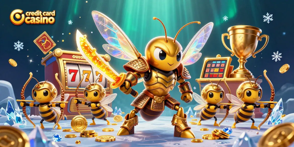 Engaging scene depicting a vibrant credit card casino with a golden hornet hero and dynamic gaming elements.