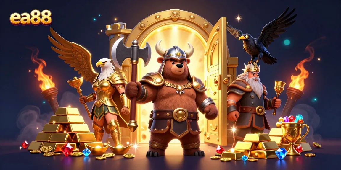 Experience the thrill of winning at ea88 with exciting casino characters and rich treasures in a captivating scene.