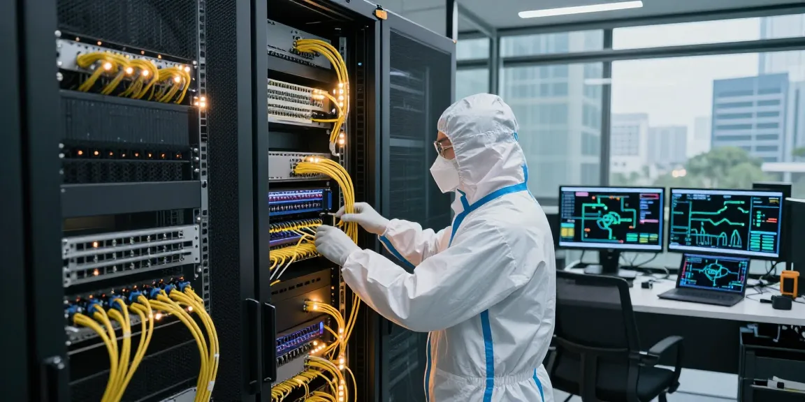 Technician inspecting fiber optic cable in a high-tech data center, showcasing connectivity solutions and network reliability.