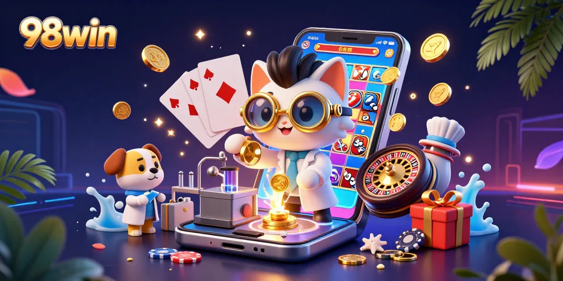Experience thrilling adventures with 98win in this lively casino scene with vibrant game elements.