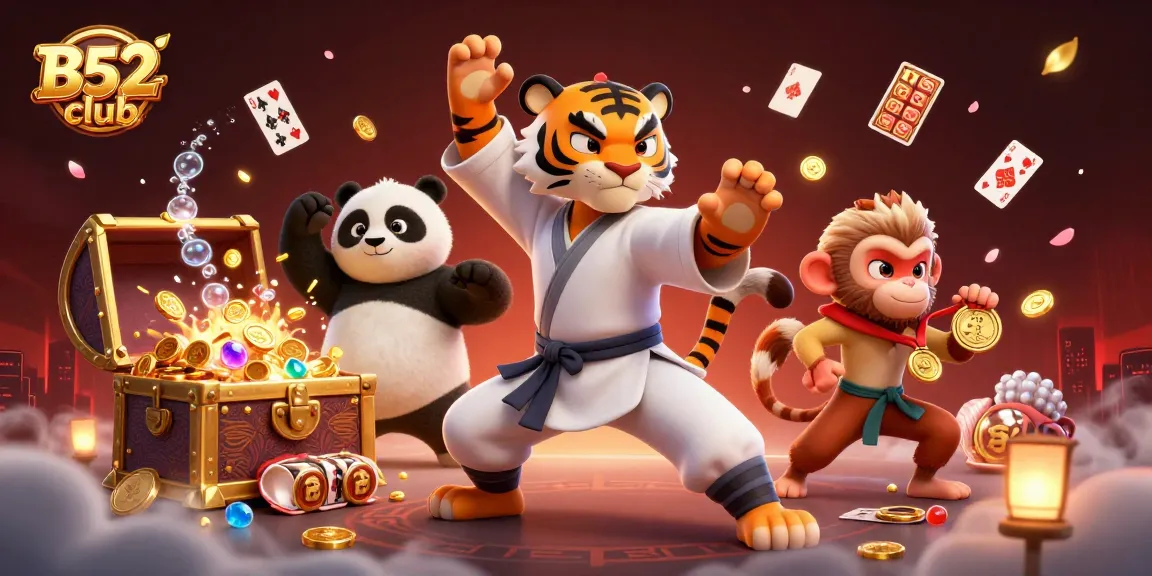B52club promotes engaging gameplay with dynamic casino elements, featuring colorful slot reels and a mischievous monkey.