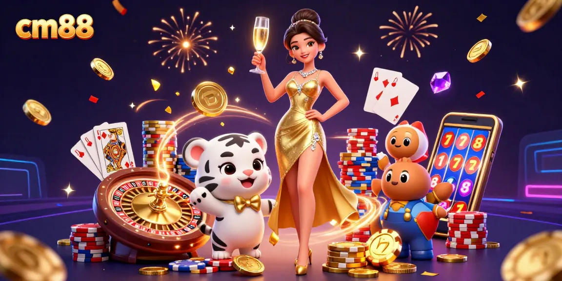 Experience the excitement of cm88 with a glamorous casino scene featuring a woman and a lucky tiger amidst sparkling elements.