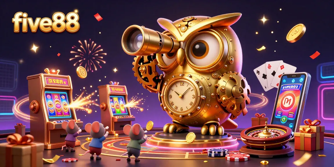 Engage with five88 for thrilling casino action featuring a golden owl overseeing dynamic games and celebrations.
