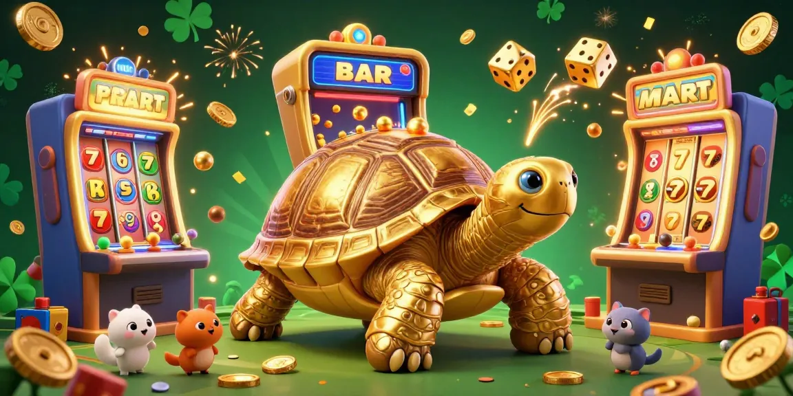 Experience the excitement of llwin with a vibrant scene of a colossal golden tortoise and casino game elements.