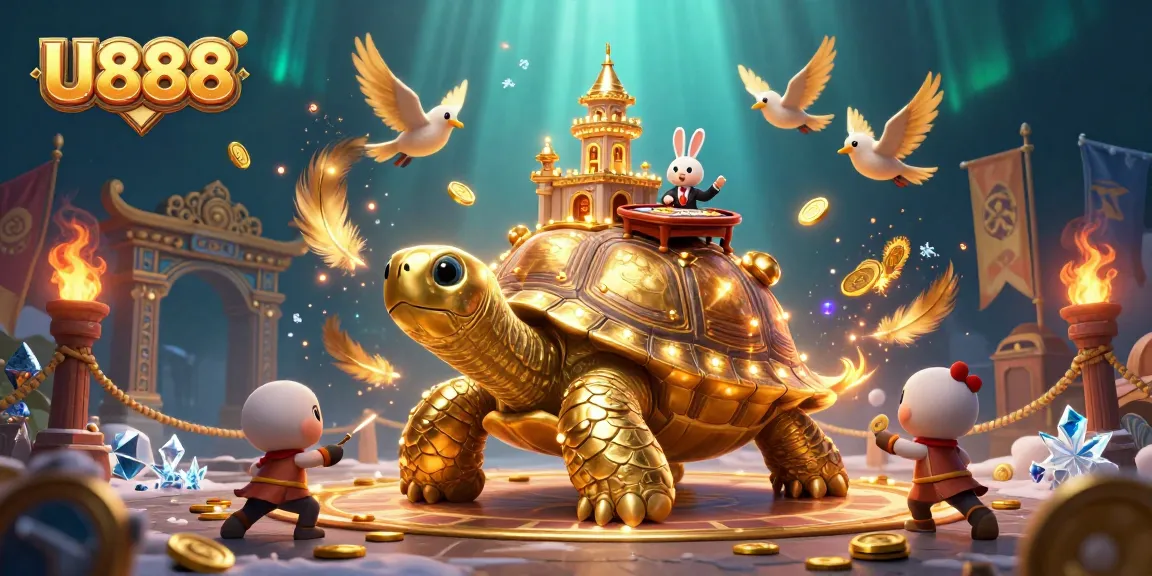 Experience the excitement of U888 with a vibrant, dynamic casino scene filled with golden coins and action.