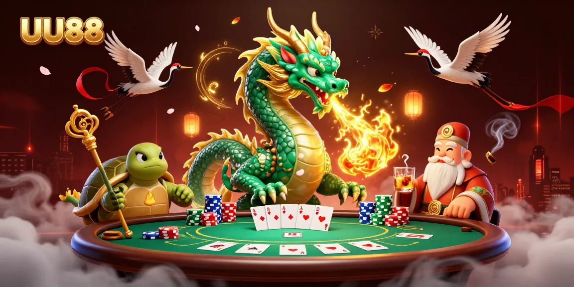 UU88 enhances your gaming experience with the massive jade dragon at a vibrant poker table.