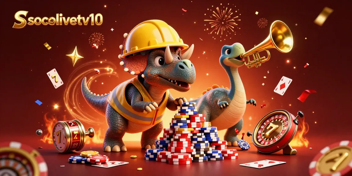 Socolivetv10 elevates online casino gaming with dynamic 3D characters celebrating a poker chip pyramid.