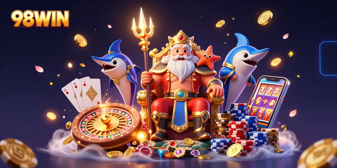 Experience 98WIN excitement with Neptune in a vibrant casino scene of coins and games.