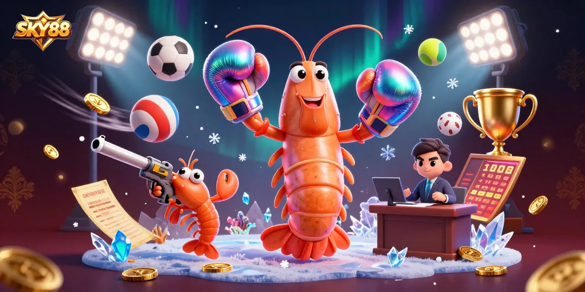 Experience SKY88 excitement with vibrant 3D cartoon scene and dynamic gambling elements.