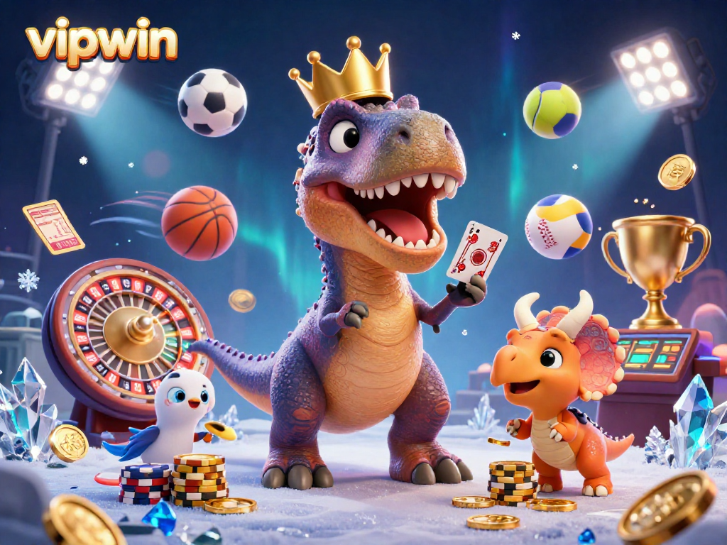 Experience vibrant gameplay with vipwin, featuring a T-Rex shuffling cards at a lively casino scene.