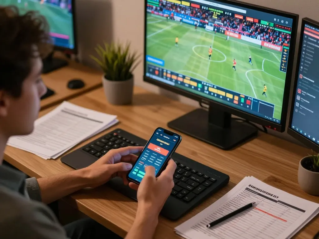 Engaging in sports betting on da88 app with multiple screens displaying live events and betting strategies.