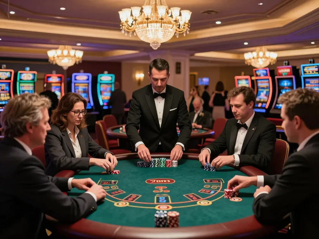 Players at 7m-7m blackjack tables strategizing and placing bets in a vibrant casino.