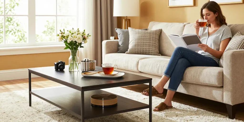 Stylish living room with a sofa table, cozy decor, and natural light for Home The Spruce.