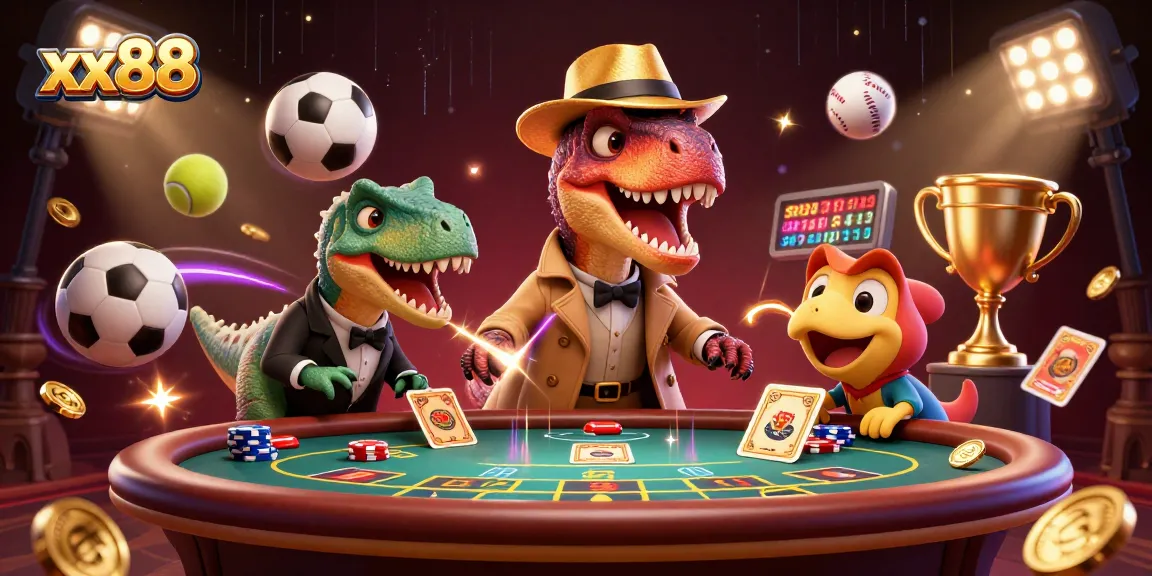 xx88 velociraptor gambler and stegosaurus pit boss in a vibrant casino scene