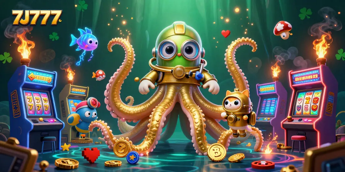 Experience 7J777 excitement with this vibrant 3D illustration showcasing a kraken and thrilling casino elements.