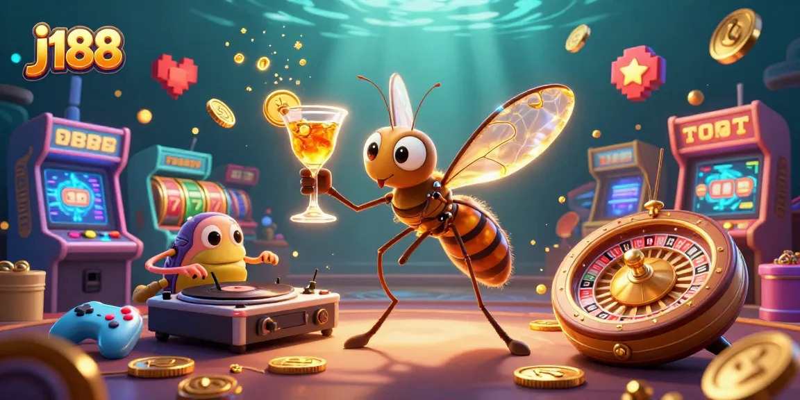 Engage with j188's vibrant casino world, featuring a cartoon mosquito mascot, a trilobite DJ, and a roulette wheel pulsating with energy.