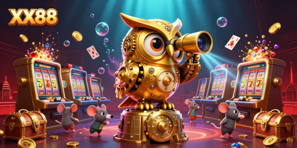 Experience thrilling wins at XX88 with a golden owl overseeing vibrant casino scenes.
