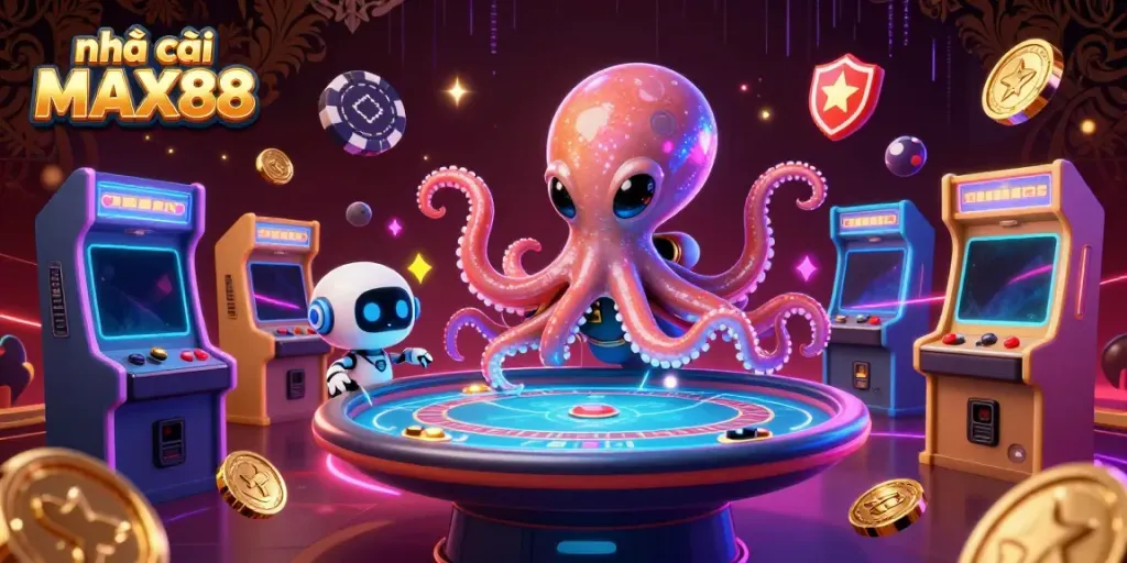 Experience house edges and winning strategies at nhà cái MAX88 while playing at the holographic poker table with an alien octopus.