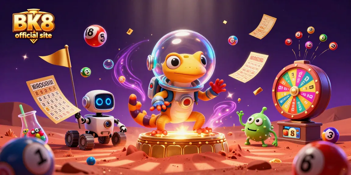 Engage with the BK8 official site, featuring vibrant lottery elements in a dynamic casino scene.