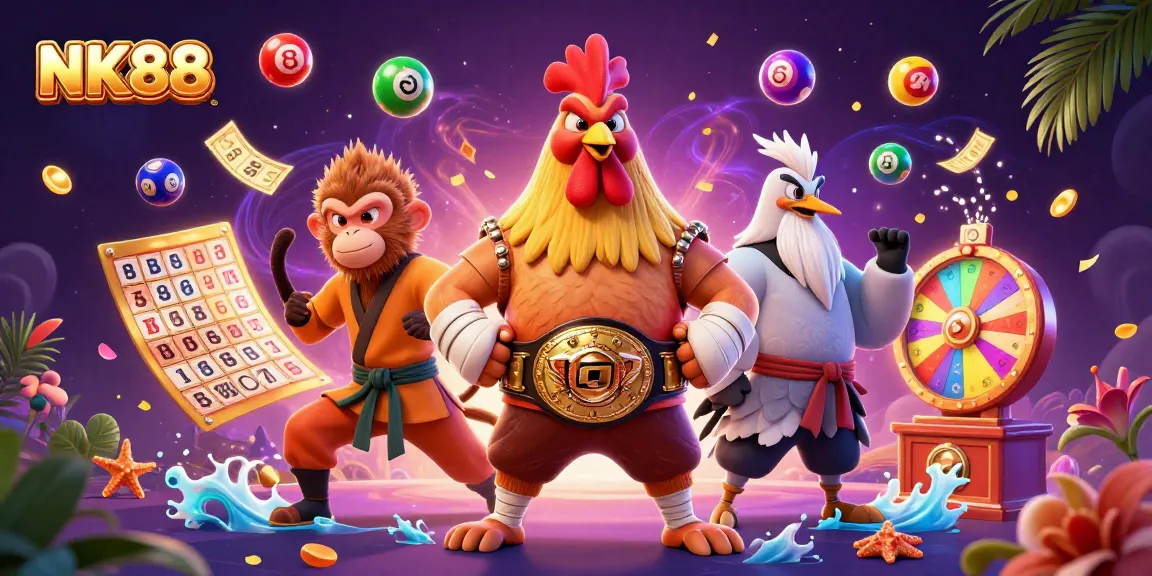 Engage with dynamic NK88 gaming visuals showcasing a Muay Thai rooster, monkey martial artist, and a wise crane amidst colorful casino elements.