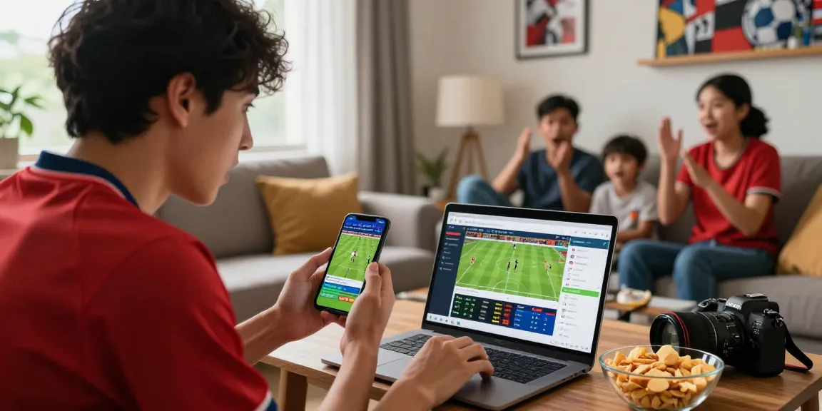 Excited sports fan using https://bongdata.net/ on smartphone during a live football match.
