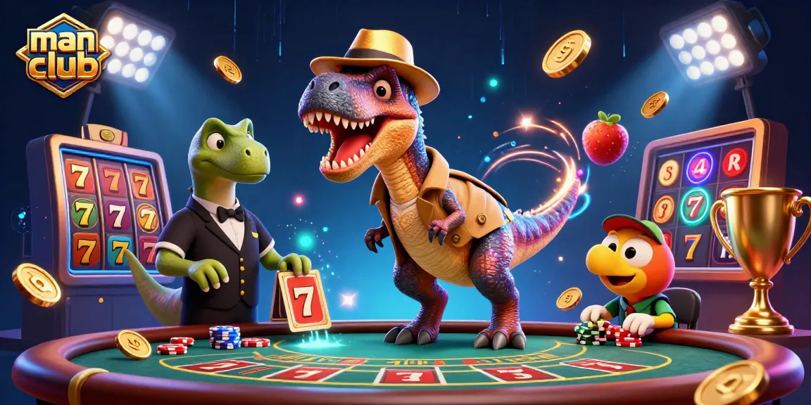 Experience the excitement of manclub with casino action featuring a velociraptor card counter and a stegosaurus pit boss.
