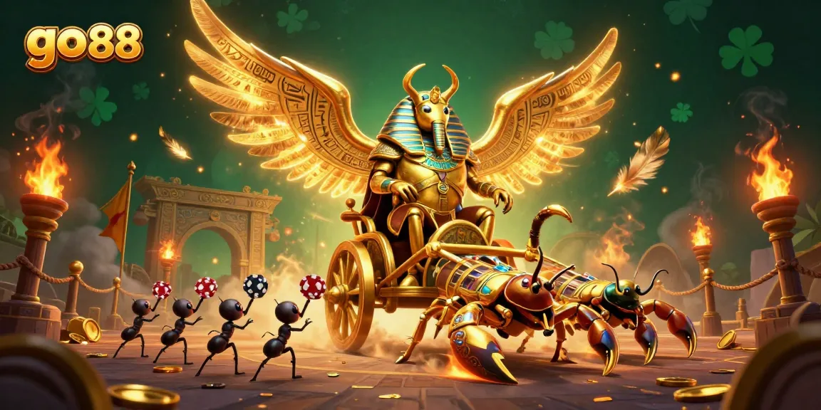 Engage with the enchanting scene of go 88 featuring a colossal golden scarab beetle, lively gaming elements, and dynamic action.