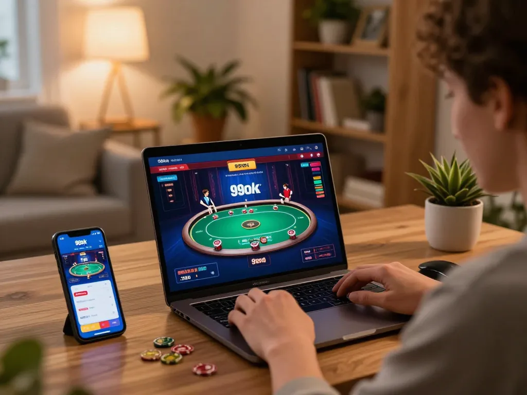 Engaging in strategic poker gameplay on 99ok via laptop in a cozy home setting.