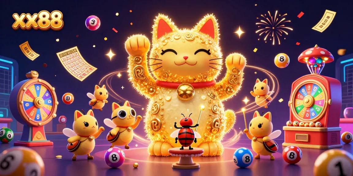 Experience the thrill of xx88 with dynamic gaming elements and a magical lucky cat in a vibrant 3D illustration.