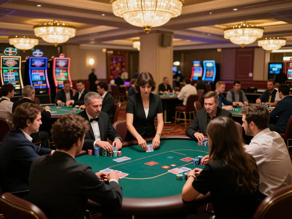 KJC players enthusiastically competing at a high-stakes poker table in a vibrant casino setting.