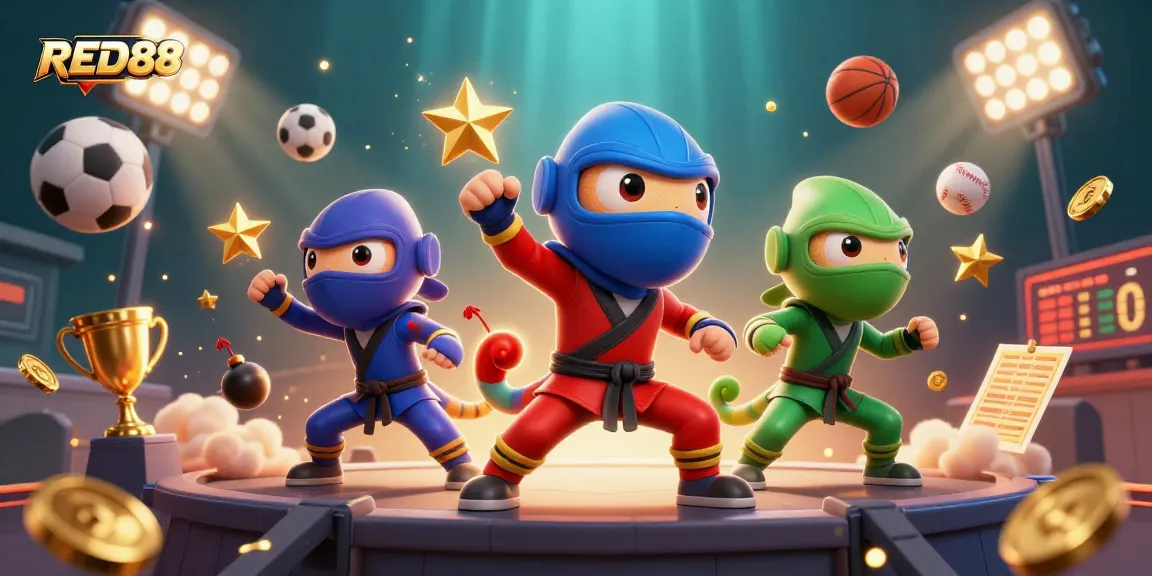 Join the action with RED88 as ninja chameleons throw sports-themed bets in a vibrant scene.