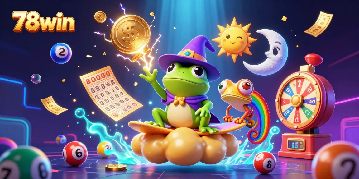 78win: Enjoy a vibrant scene of a weather wizard frog amidst a dynamic storm of coins and lottery elements.