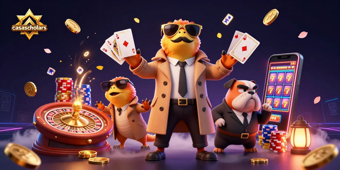 casascholars showcases a whimsical scene with raptors in a trench coat entering a vibrant casino, filled with gold coins and slots.