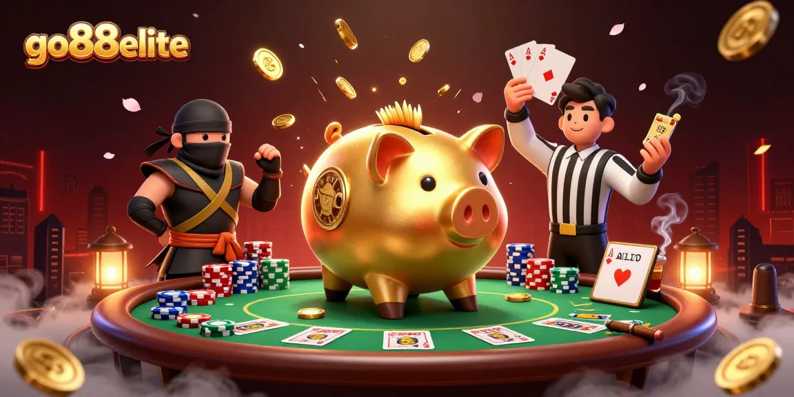 Experience thrilling gameplay at go88elite with a dynamic casino scene featuring a golden piggy bank wrestler.