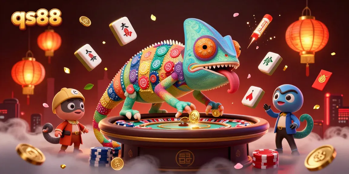 Experience qs88's vibrant casino world with a chameleon owner, coins, and festive elements.
