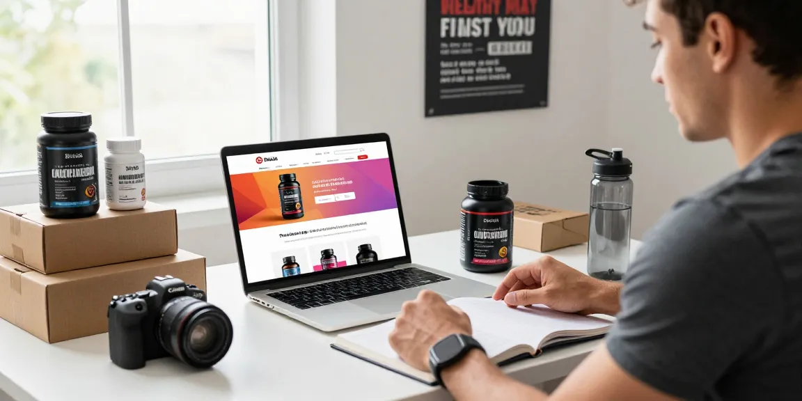 Athlete exploring products at Driada Medical Shop in a cozy home office atmosphere.