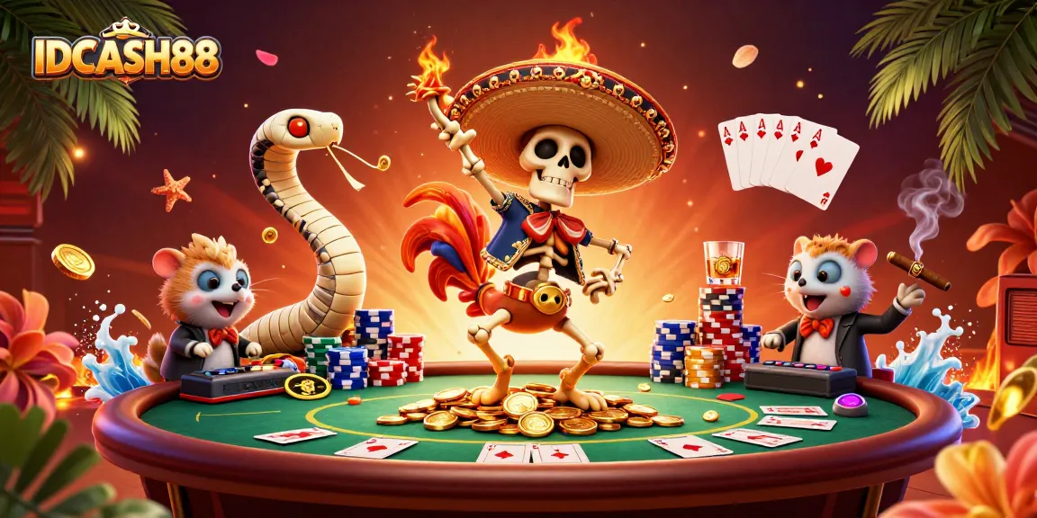 Play engaging games at IDCASH88 featuring vibrant characters like a DJ hamster and dancing skeleton.