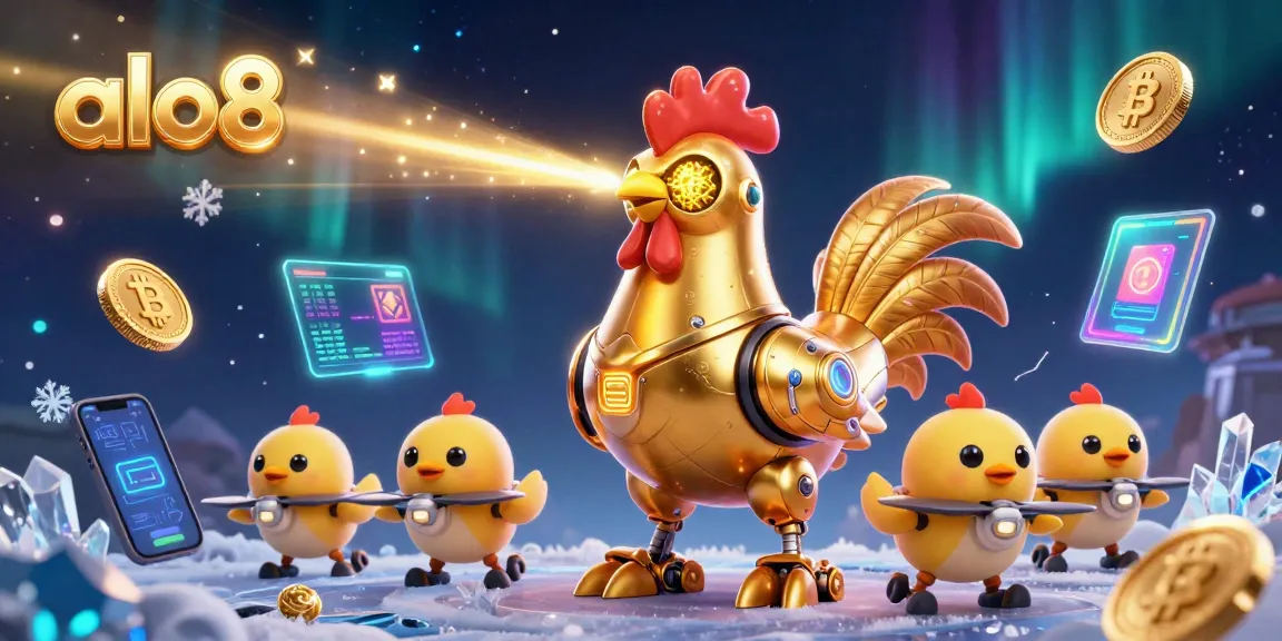 Engage in thrilling gameplay with alo8's futuristic casino scene featuring golden rooster robots and crypto coins.