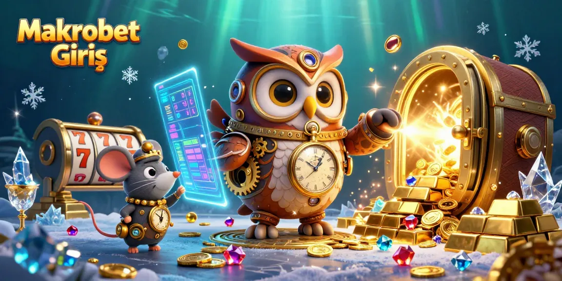 Experience thrilling games at Makrobet Giriş with vibrant, 3D cartoon elements depicting time travel and casino excitement.